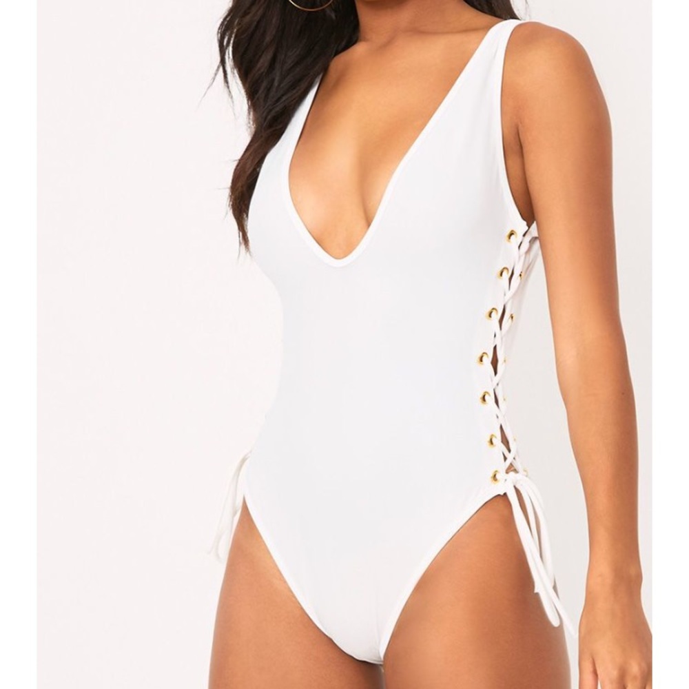 Clio White Tie Side Plunge Swimsuit